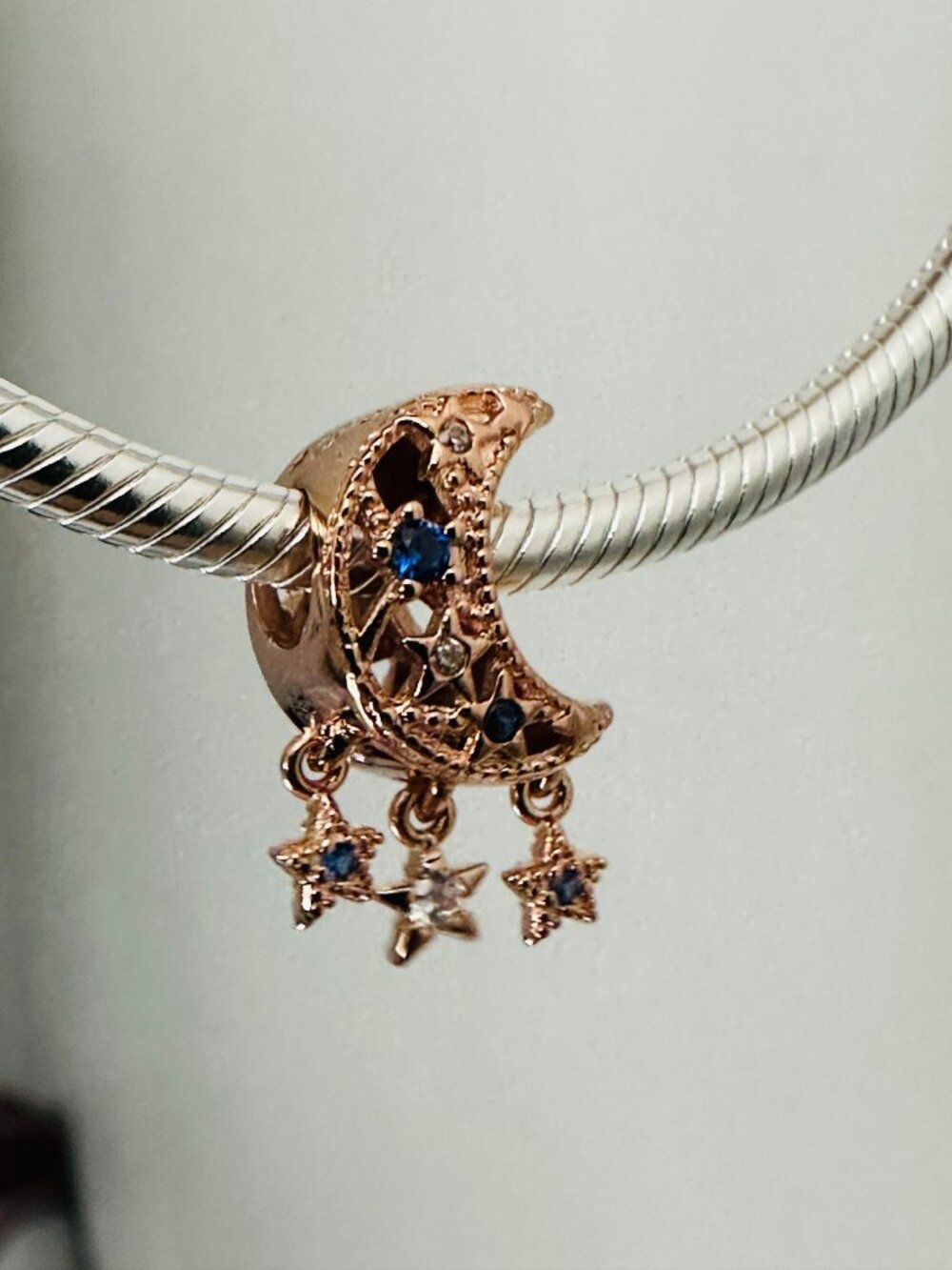 NEW Authentic PANDORA Rose Gold Blue Star & Crescent Moon Charm 799643C01